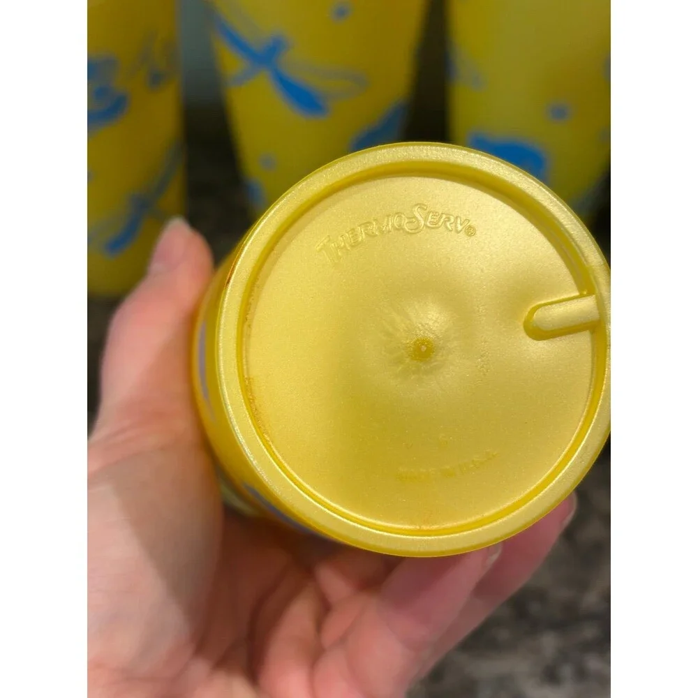 Thermo-serv USA vintage yellow blue dragonfly floral cup tumbler lot 20 oz mcm